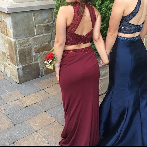 Le Femme Gorgeous Beaded Burgundy Evening Gown - Picture 5 of 8